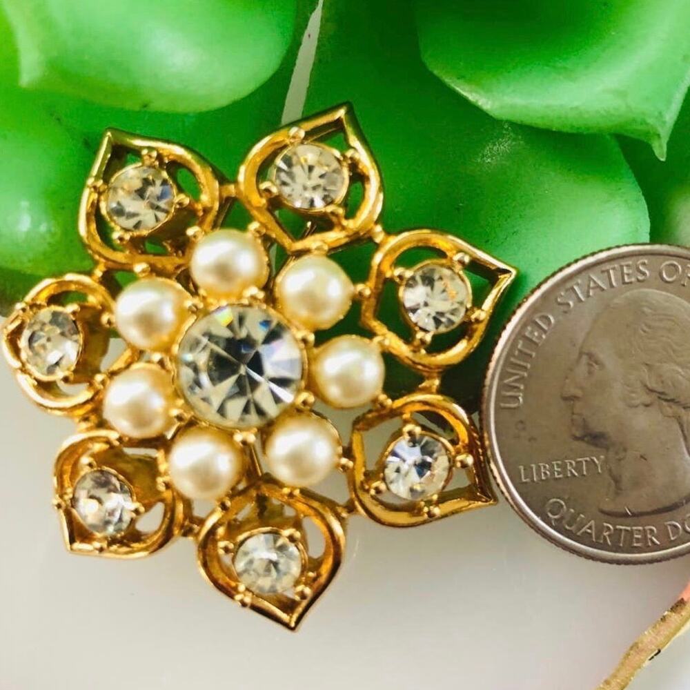 Vintage 1960 Sarah Coventry Rhinestone & Pearl Starlit Trio Pin Brooch - Picture 3 of 7